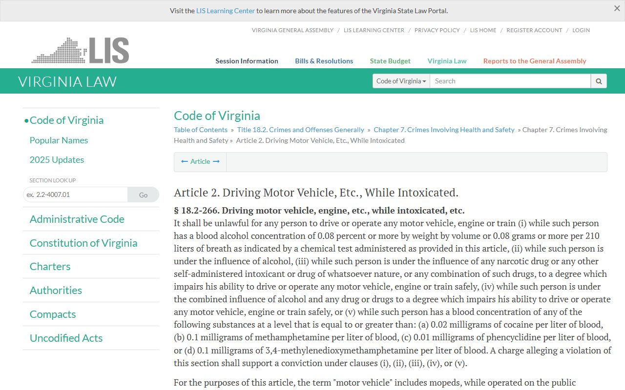 Virginia Code Title 18.2 DUI Statutes